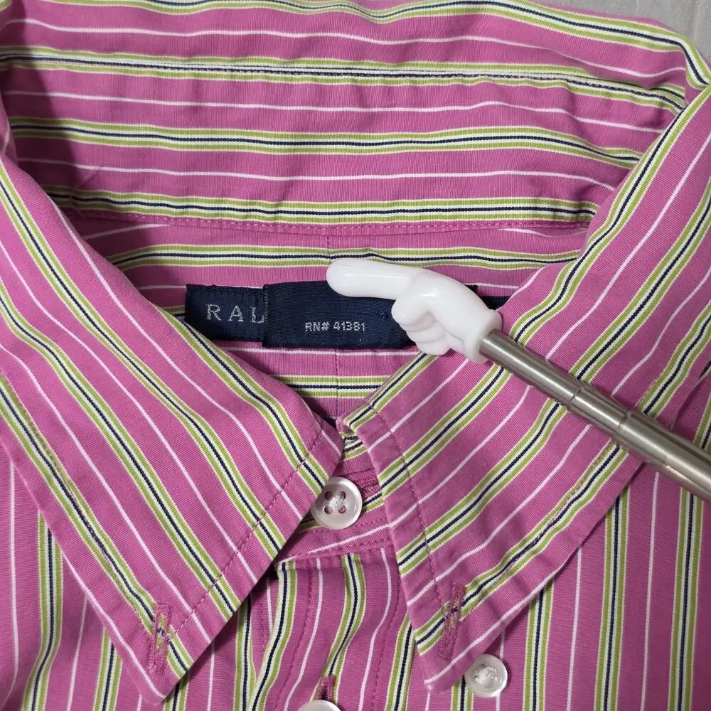 Ralph Lauren Big Girls Size 14 Button Down Shirt Pink Green Navy Striped Pony